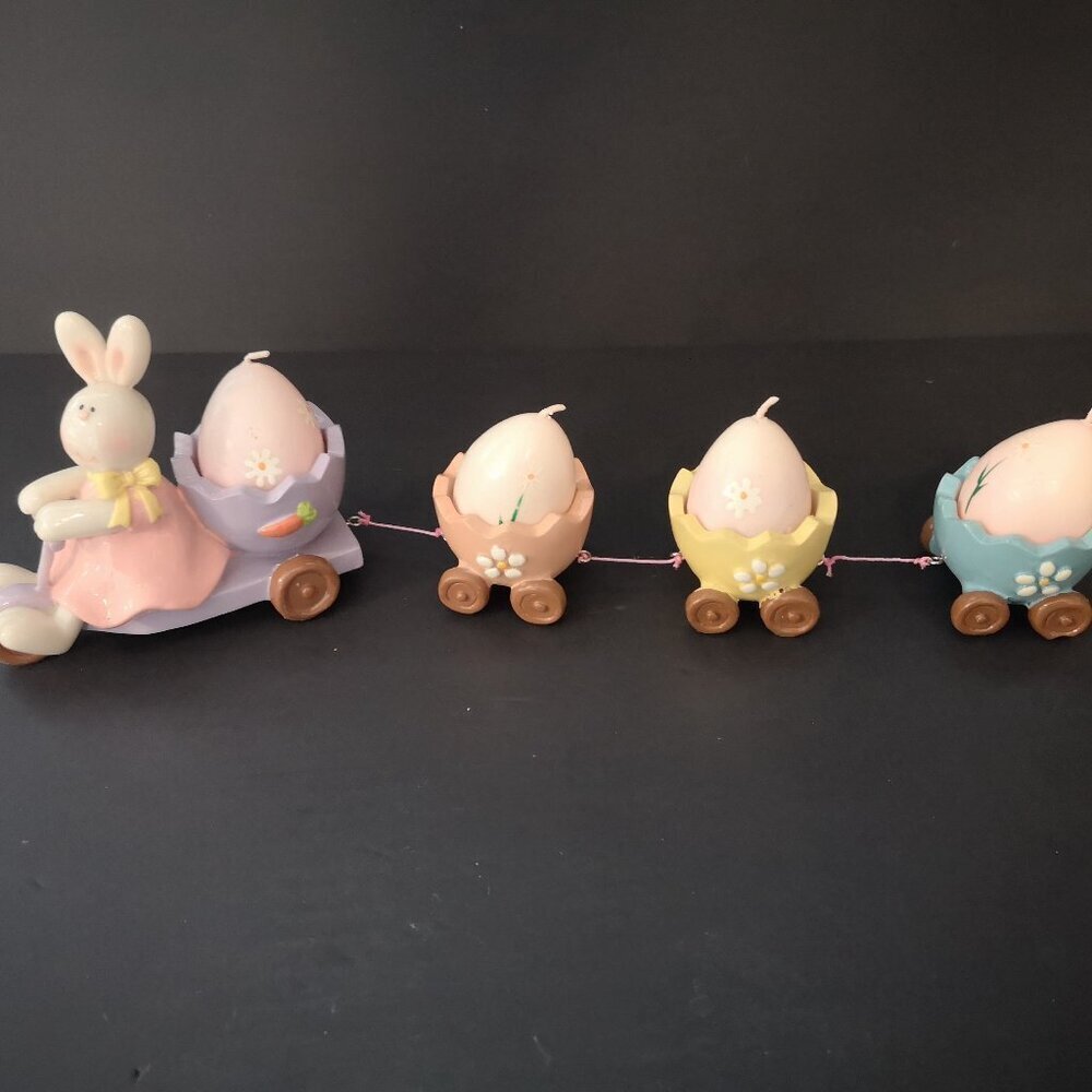 The English Butler Easter Train Candle Holders w/ Egg Shaped Candles Set of 4